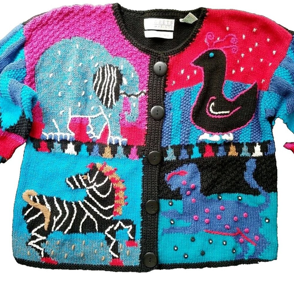 Vintage Segrets Sun Prints Hand Knitted Tribal Button Cardigan Sweater Medium